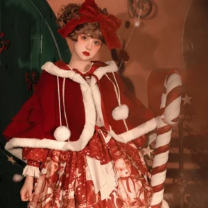 Christmas teddy bear lolita one-piece op dress with plush-trimmed bear ear hood cape front view
