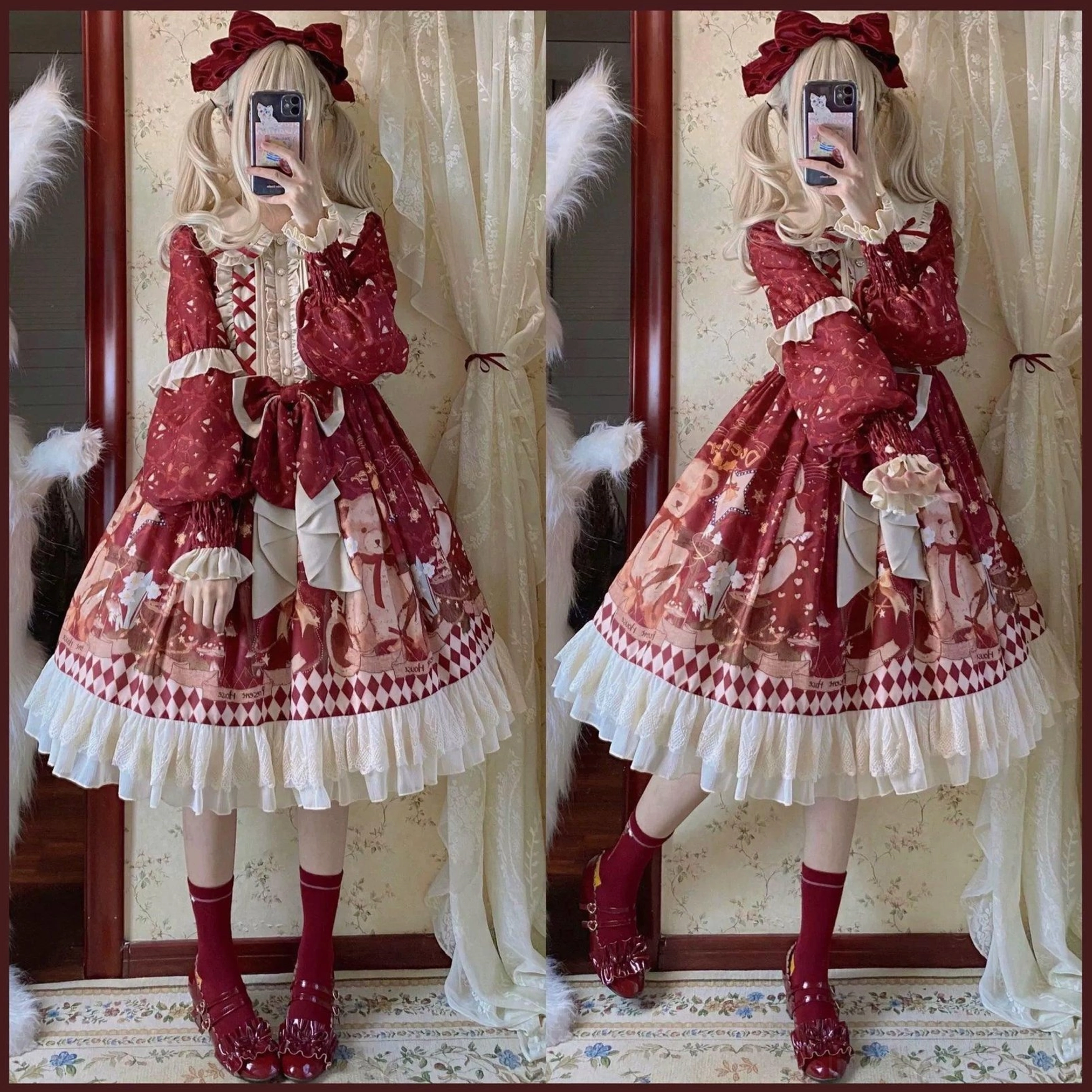 Christmas lolita OP dress rear angle view displaying A-line skirt silhouette ruffled hem cross lace bust detail and bear themed print construction