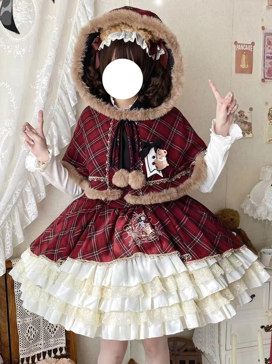 Christmas plaid lolita bear ear hooded cape detail, fuzzy brown trim, bear embroidery badge, detachable front and back bows, oversized hood design