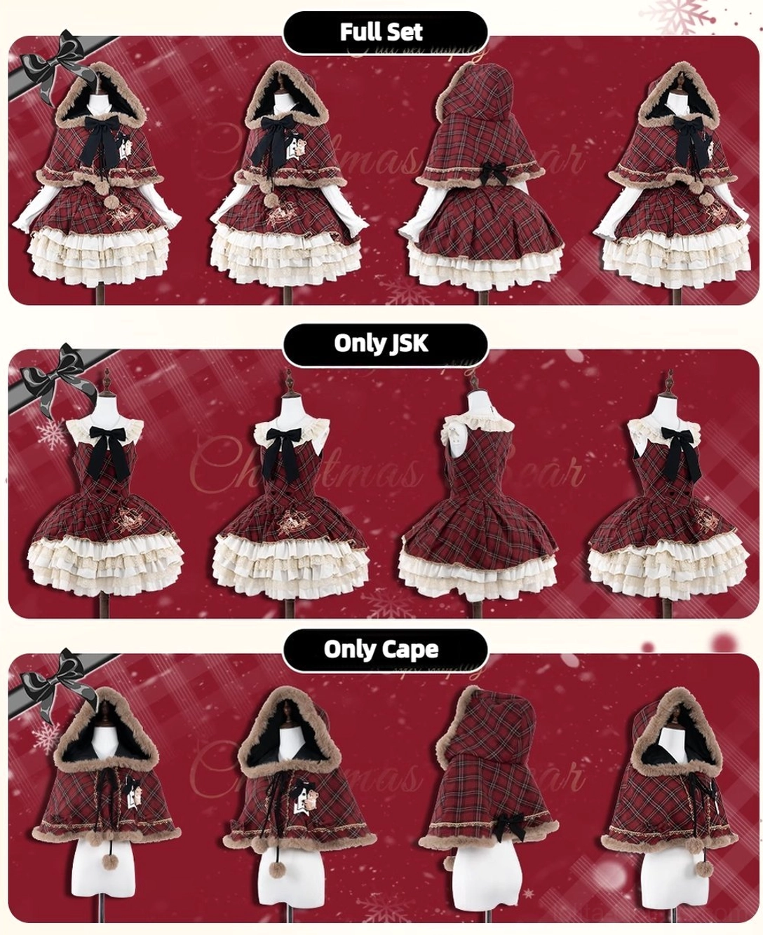 Complete Christmas plaid lolita ensemble styled view showing JSK, hooded bear cape, knit top, bear ear headband, and full coordinated outfit composition