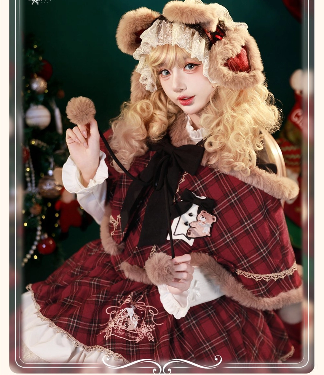 Close-up front view of Christmas plaid lolita JSK with bear ear hooded cape, furry pom-pom trim, bear ear hair accessories, and exquisite embroidery on fabric