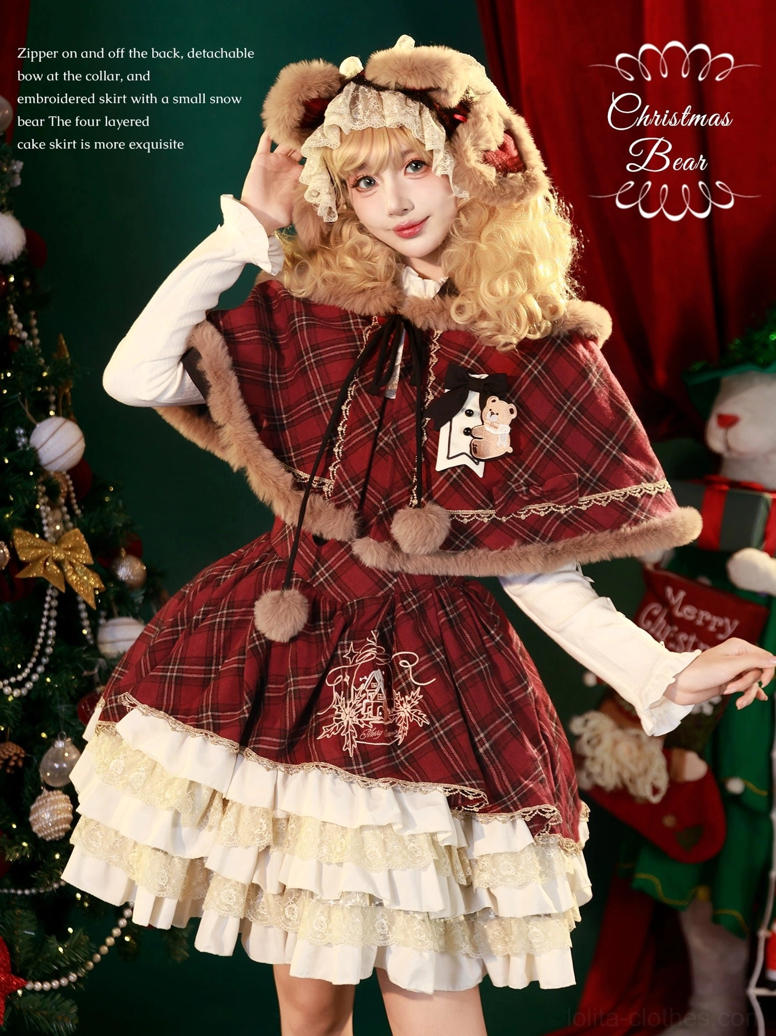 Christmas plaid lolita JSK with detachable bear hooded cape, three-quarter front view showing festive red tartan pattern and layered ruffled skirt hem
