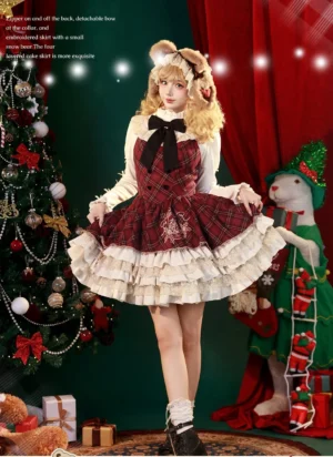 Full front view of Christmas plaid lolita jumper skirt with white knitted inner layer, black bow necktie, and multi-layered ruffled hem with embroidered bodice details