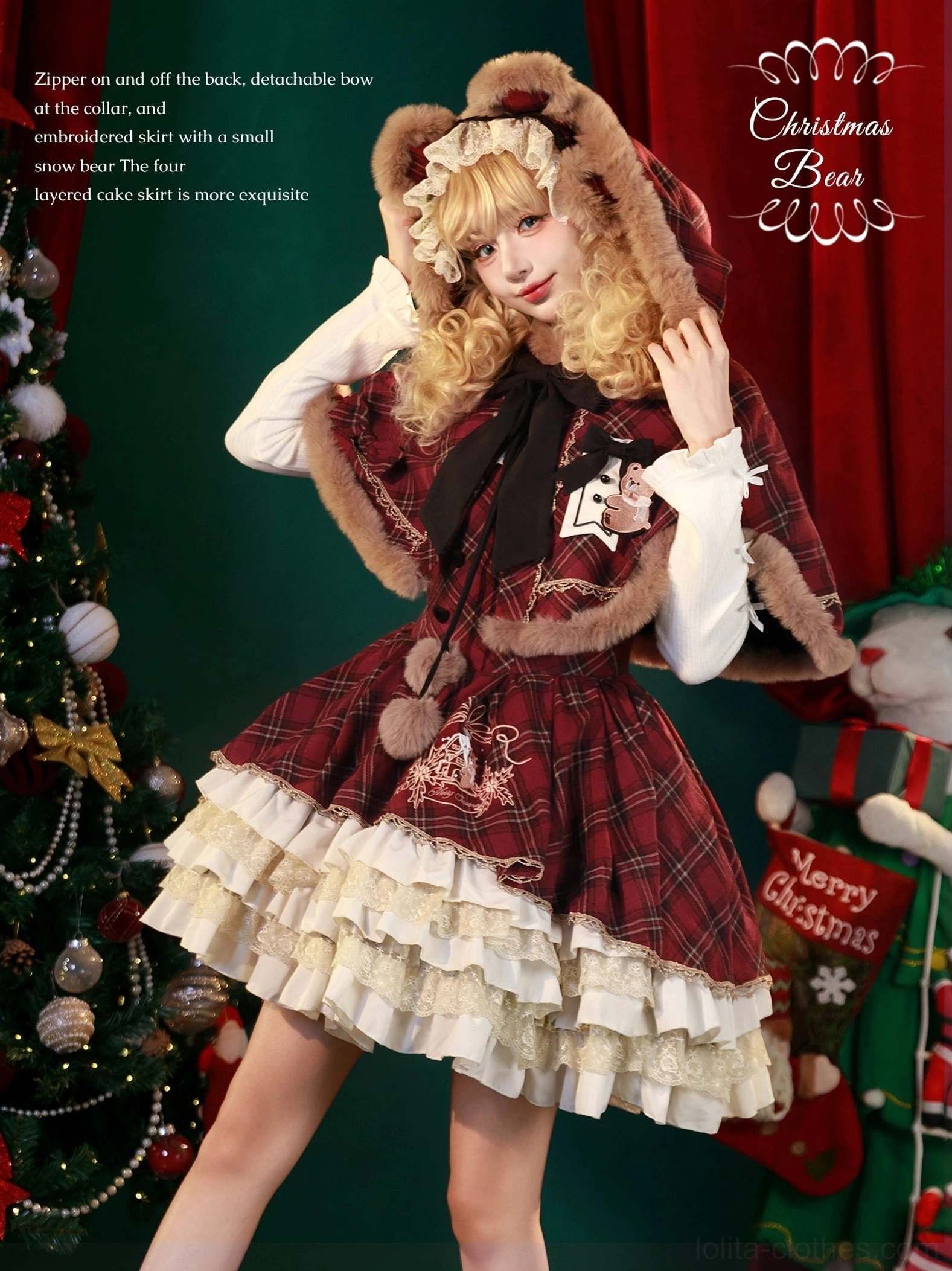 Christmas plaid lolita JSK with hooded bear cape and detachable embellishments, full front view showing festive holiday styling with embroidery details