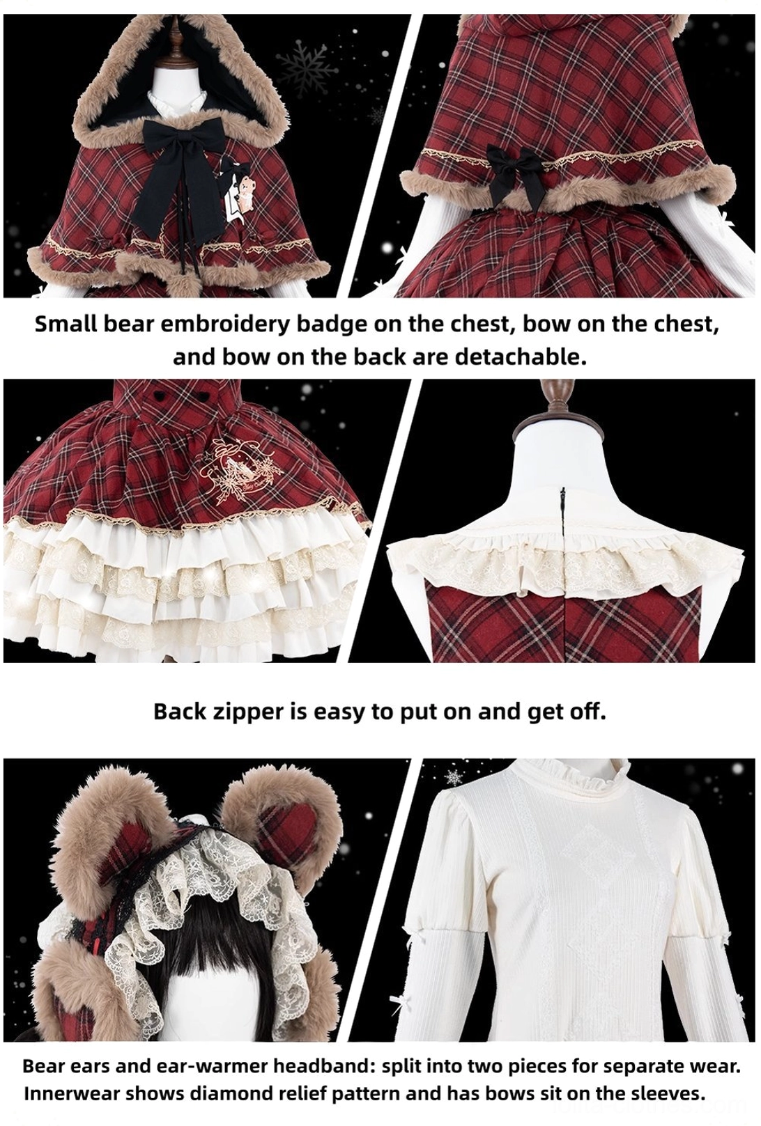 Christmas plaid lolita JSK fit and silhouette demonstration, voluminous three-layer cake skirt construction, structured lolita aesthetic on model