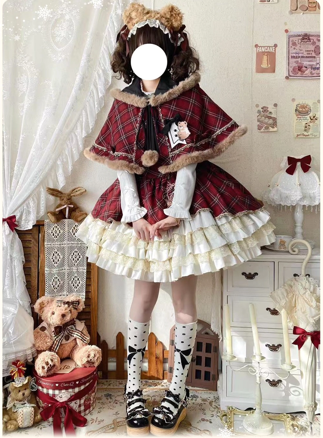 Detailed view of Christmas plaid lolita JSK components, tartan pattern closeup, fabric texture, and embellishment details showing four-way stretch knit construction