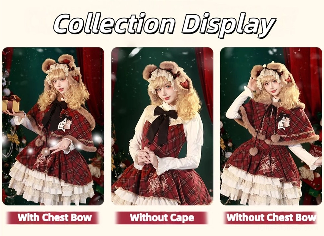 Knitted inner layer top of Christmas plaid lolita set, white soft knit fabric with diamond pattern, sleeve bows, four-way stretch construction detail