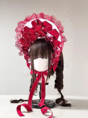 Christmas Sweet Lolita lace head bonnet with white fabric, red satin bows, rhinestone embellishments, ruffled white lace trim, long red neck ties, pearl details, and twin hairstyle styling