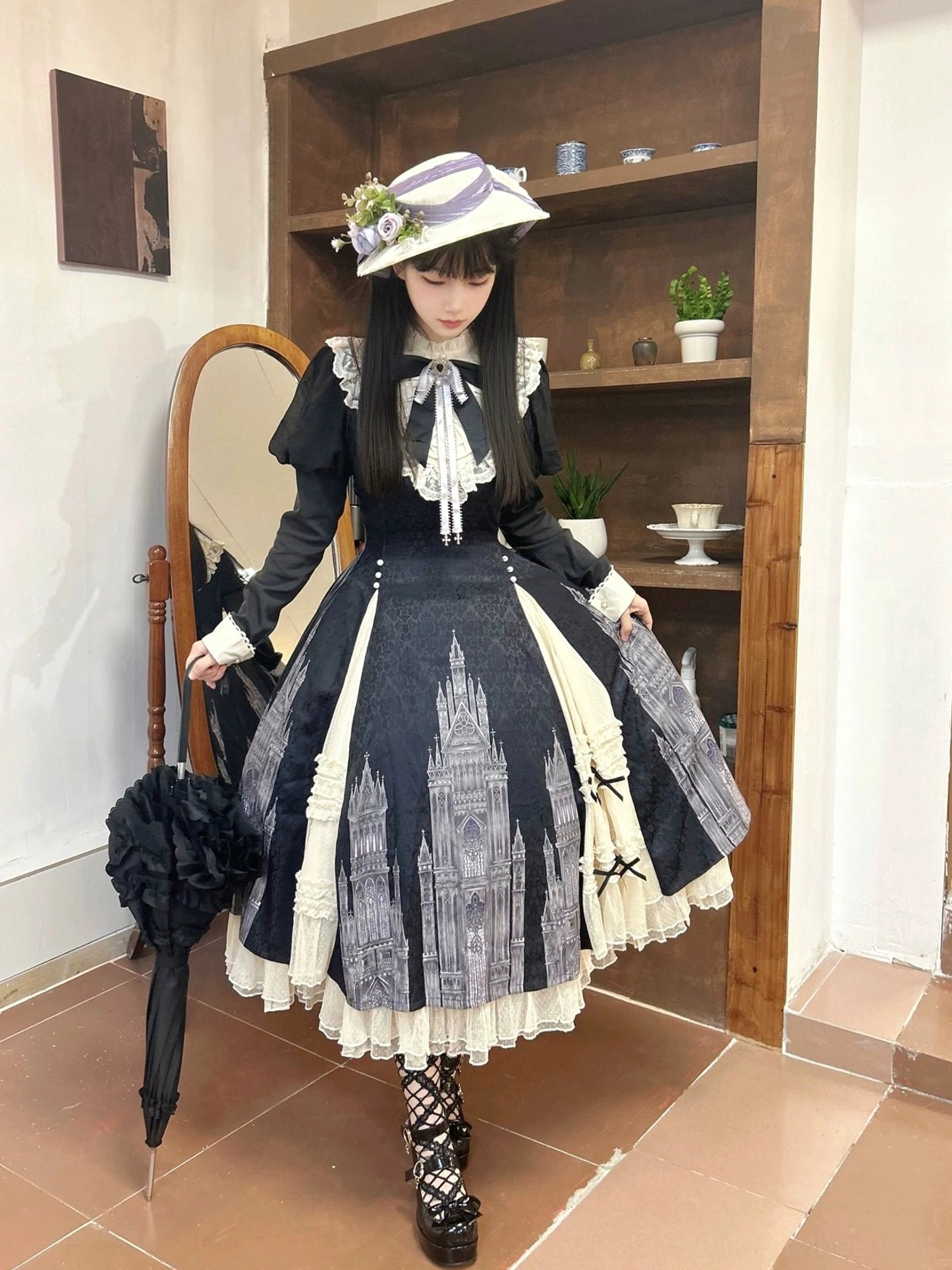 Church Bell gothic lolita OP dress styling with coordinated accessories including lace gloves, vintage bag, cameo brooch, and pearl jewelry for complete look