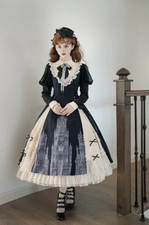 Church Bell gothic lolita long sleeve OP dress front full view showcasing black puffed sleeves, lace neck bow decoration, and classic A-line silhouette in stairwell