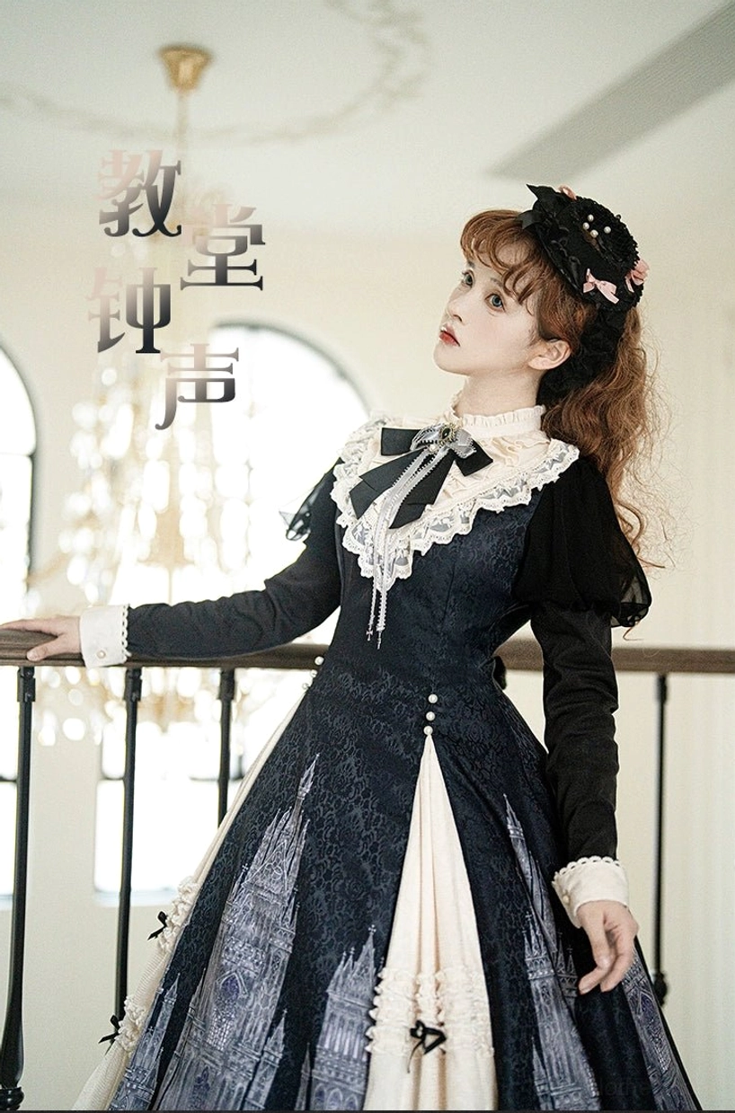 Church Bell gothic lolita OP dress side view featuring consistent cathedral print design, matching hair accessory, and soft neutral lighting in bright villa hallway with Chinese text