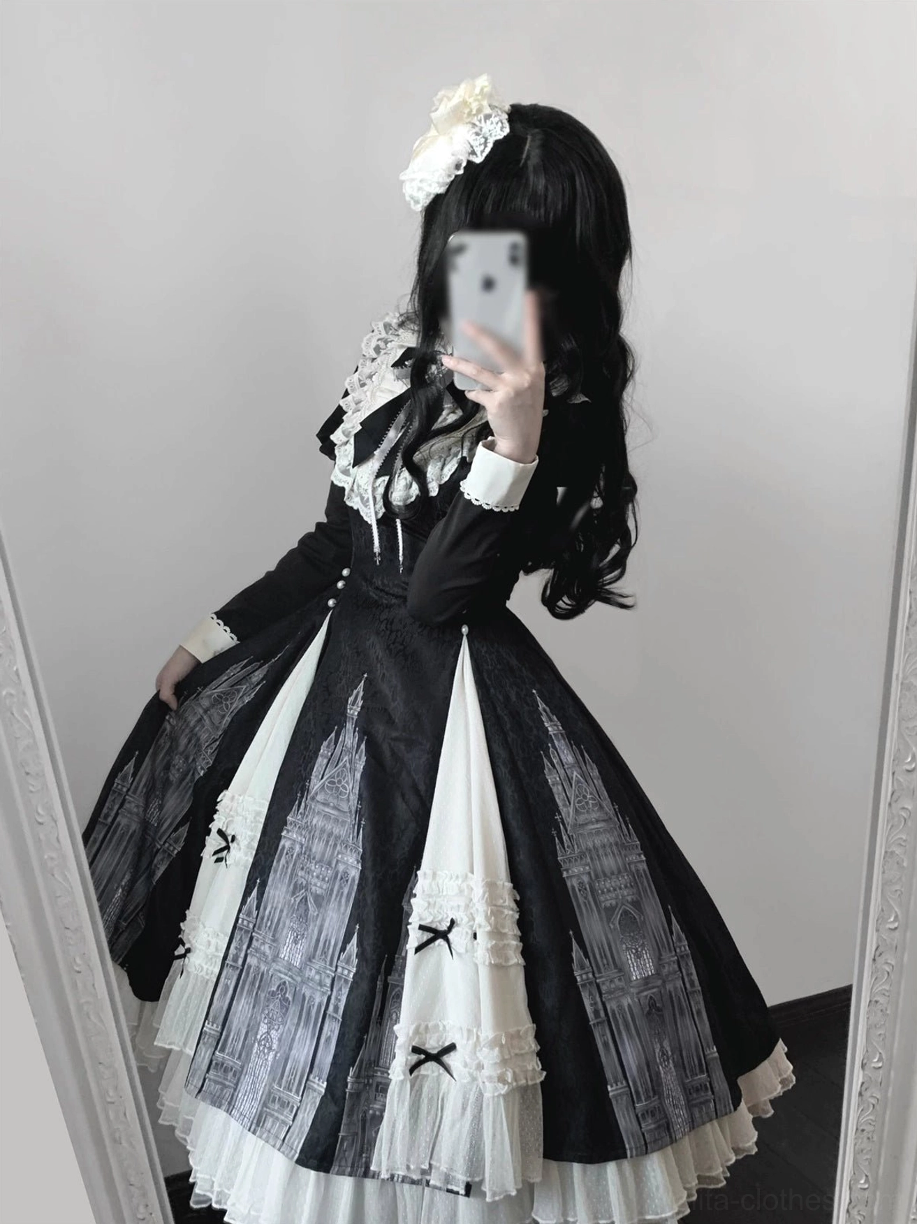 Church Bell gothic lolita OP dress color palette and fabric swatch showing black jacquard ivory contrast white ruffles and lace accent materials