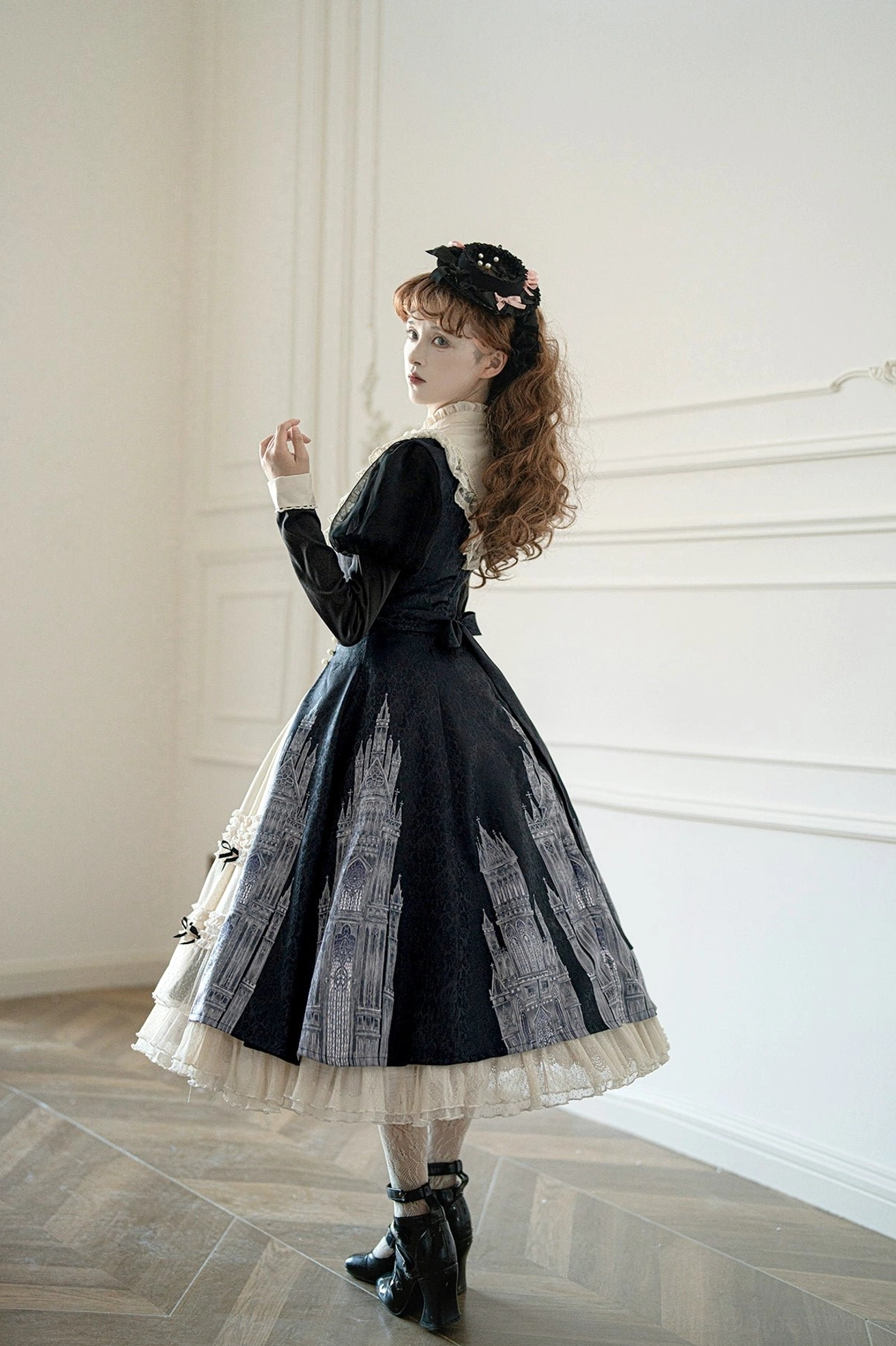 Church Bell gothic lolita OP dress design inspiration mood board showing victorian architectural elements gothic romance and classical elegance references