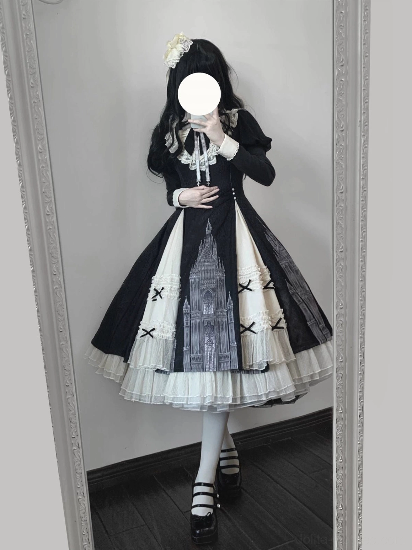 Church Bell gothic lolita OP dress detachable decorative bow neckline accessory detail showing lace trim and attachment mechanism included with purchase