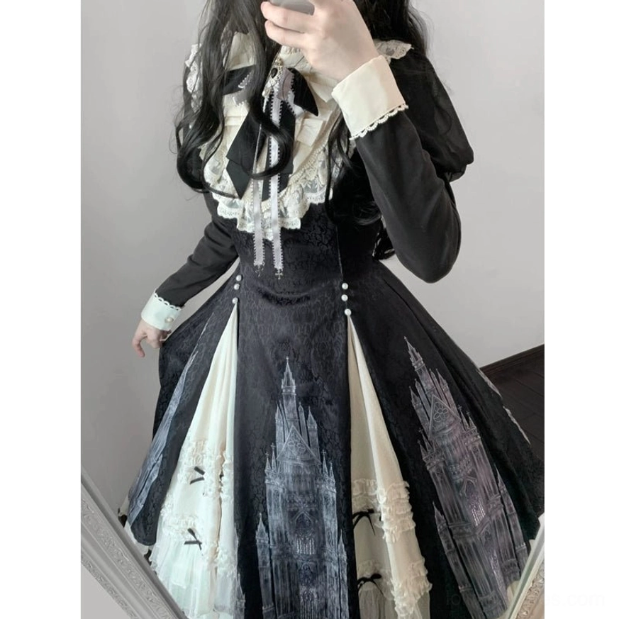 Church Bell gothic lolita OP dress product photograph flat lay arrangement with detachable bow neckline and coordinating accessories on neutral background