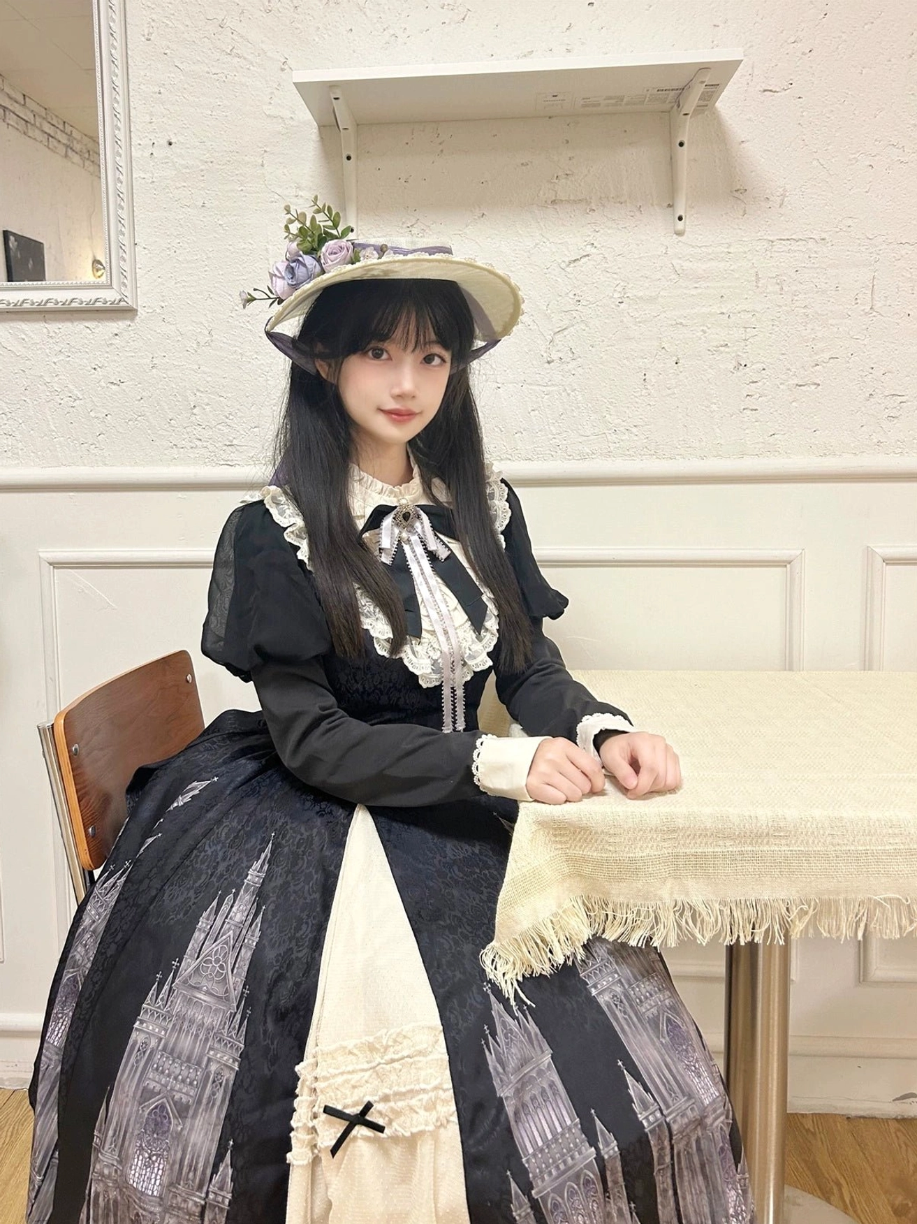 Church Bell gothic lolita OP dress styling suggestion with mary jane platform shoes, striped stockings, and hair bow coordination for authentic lolita appearance