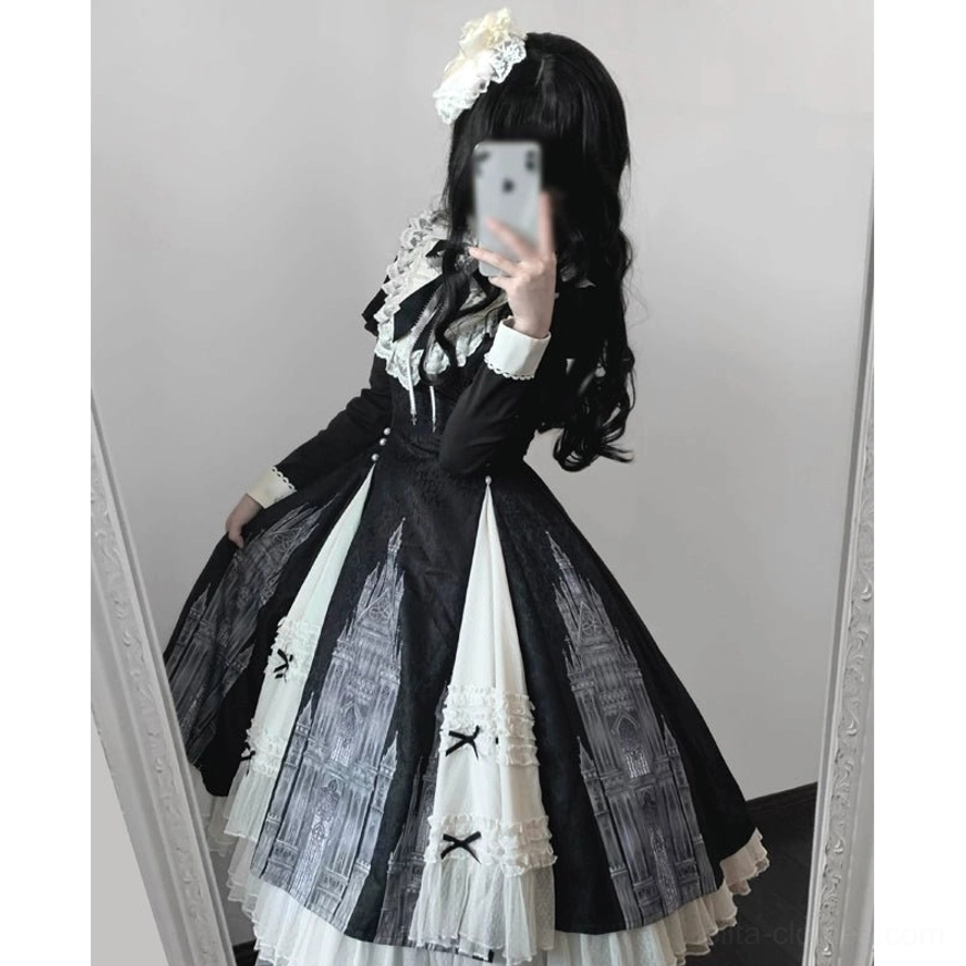 Church Bell gothic lolita OP dress hung on hanger showing full silhouette construction, skirt volume, and overall dress proportions for fit assessment