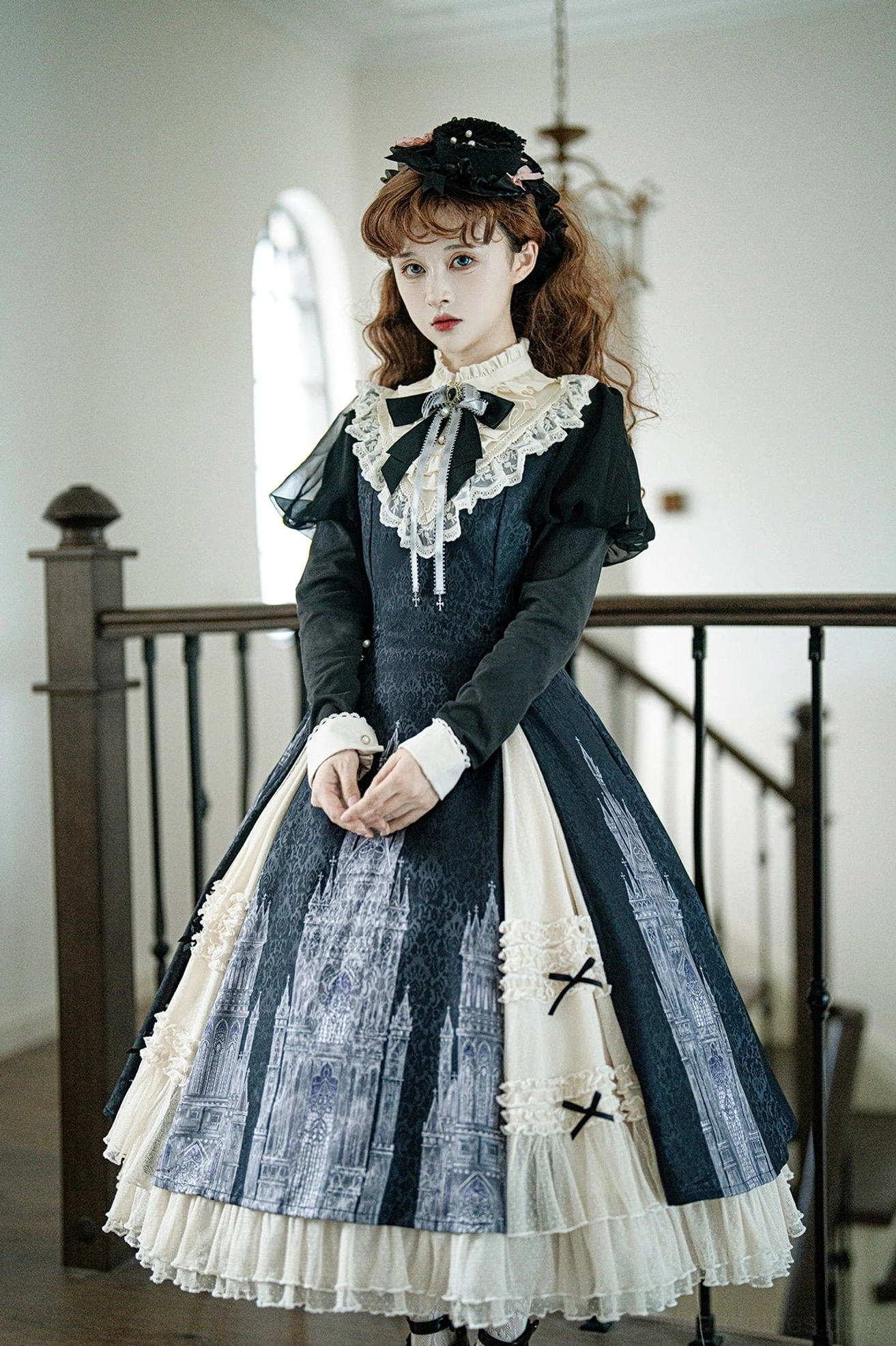 Church Bell gothic lolita OP dress hanging storage demonstration showing proper hanger placement, tissue paper protection, and wardrobe preservation method