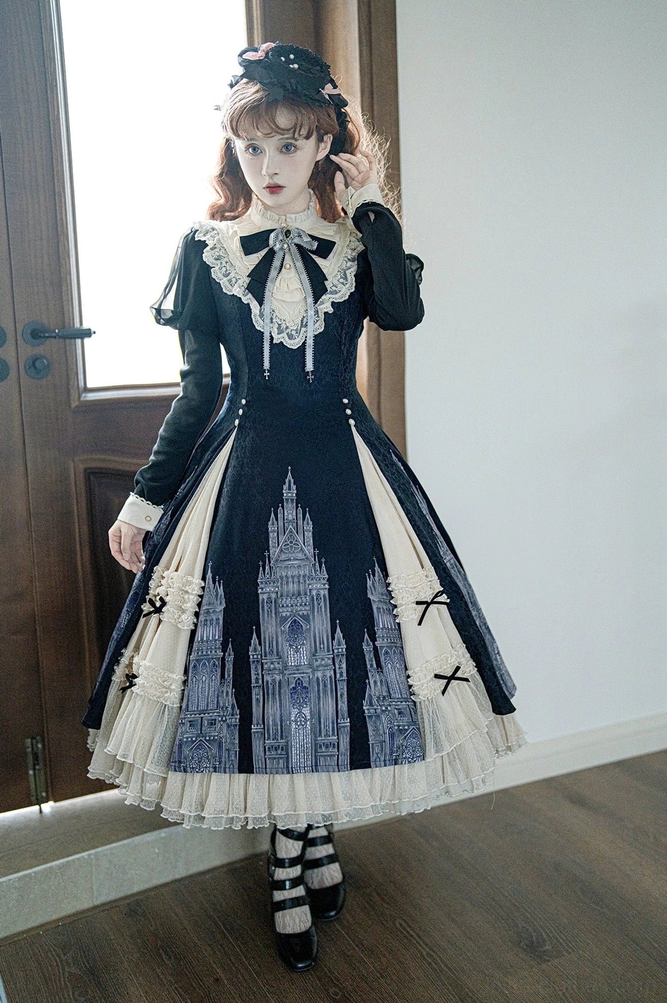 Church Bell gothic lolita OP dress fabric texture and weave detail showing premium jacquard construction and lace accent quality