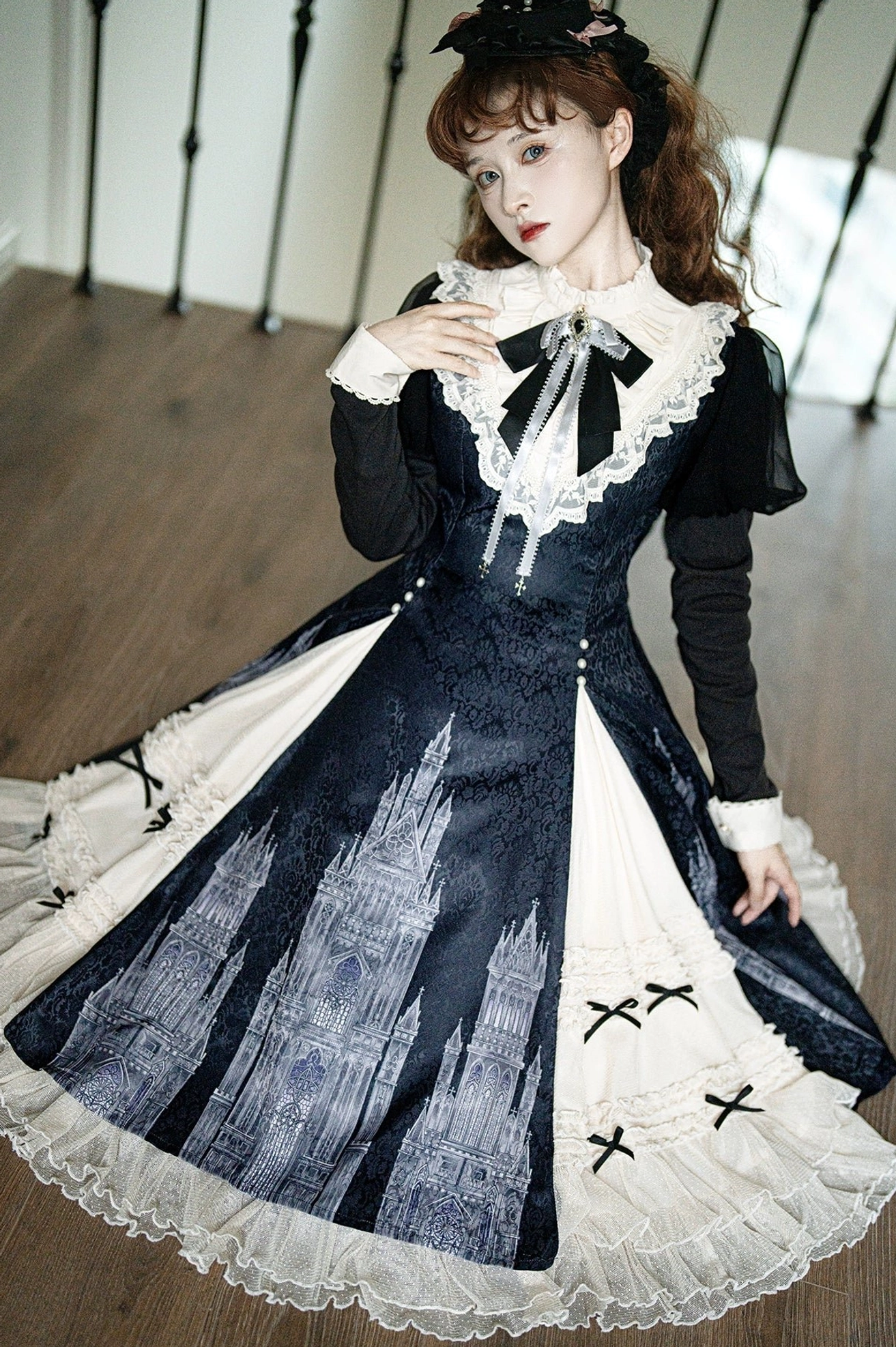 Church Bell gothic lolita OP dress close-up detail of lace collar trim, stand collar construction, and decorative neckline elements showcasing craftsmanship