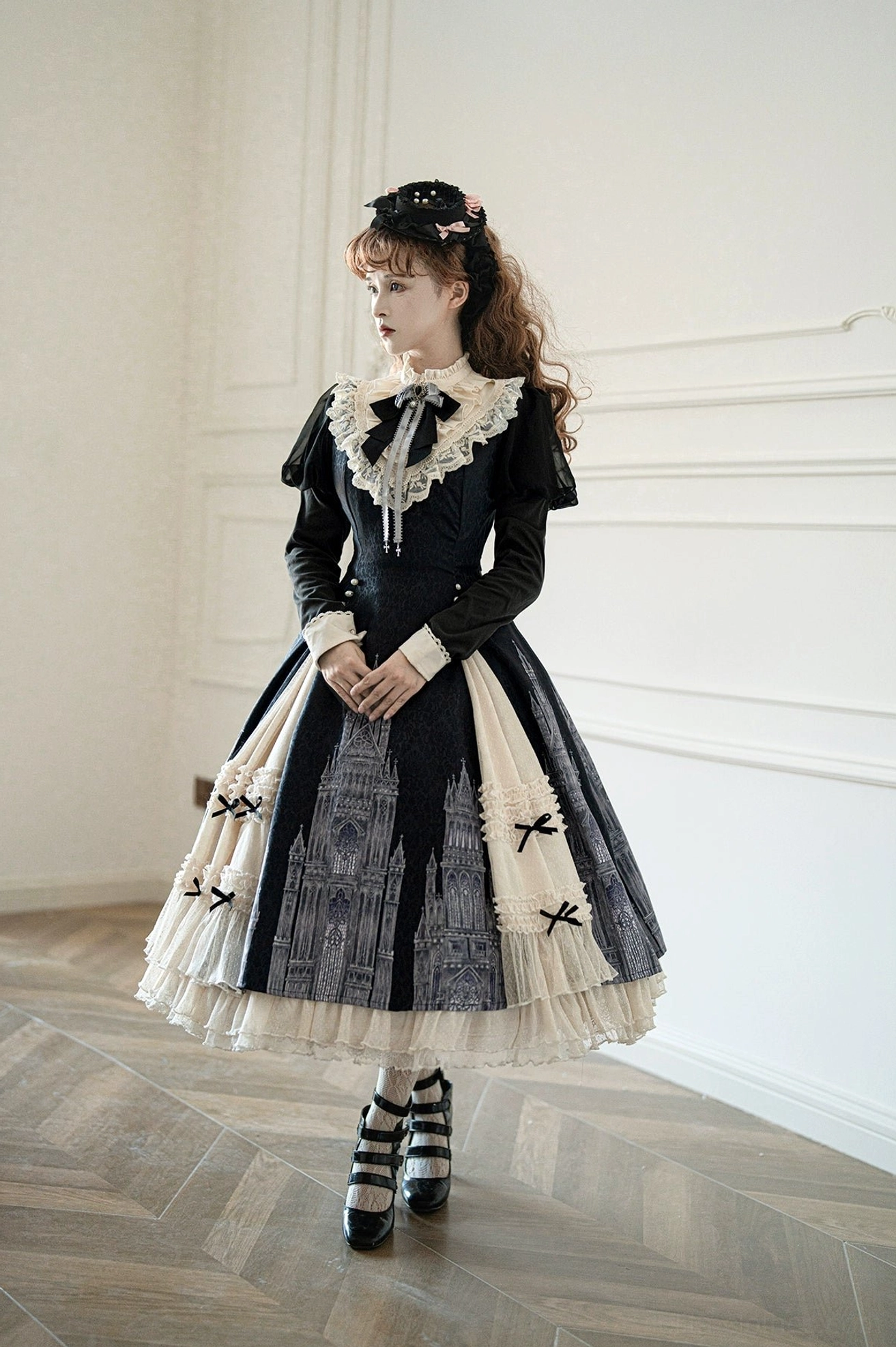 Church Bell gothic lolita OP dress skirt hem detail showcasing layered tulle construction and cathedral print pattern on central skirt body