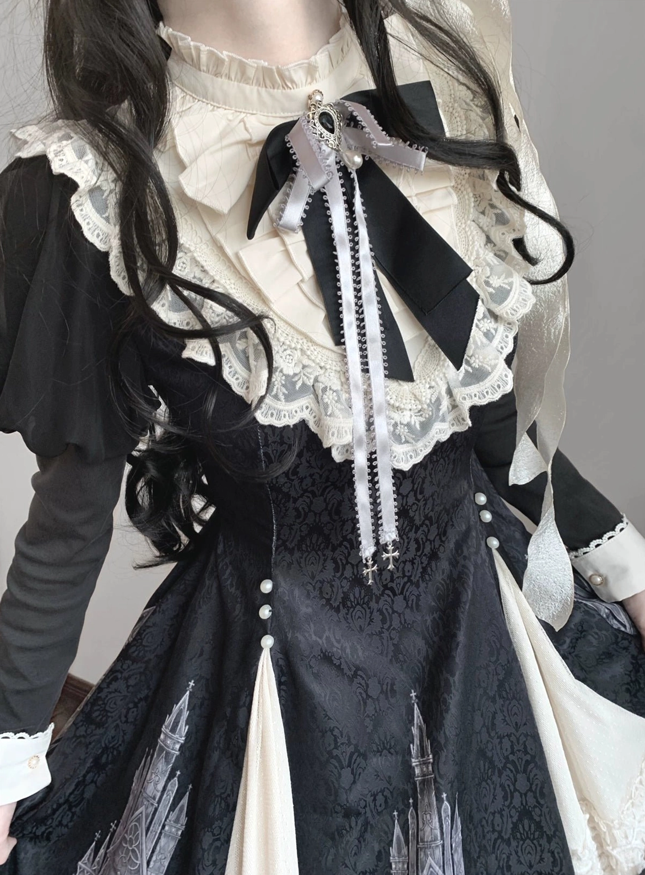 Church Bell gothic lolita OP dress measurement guide illustration showing how to properly measure bust waist length sleeve for accurate size selection
