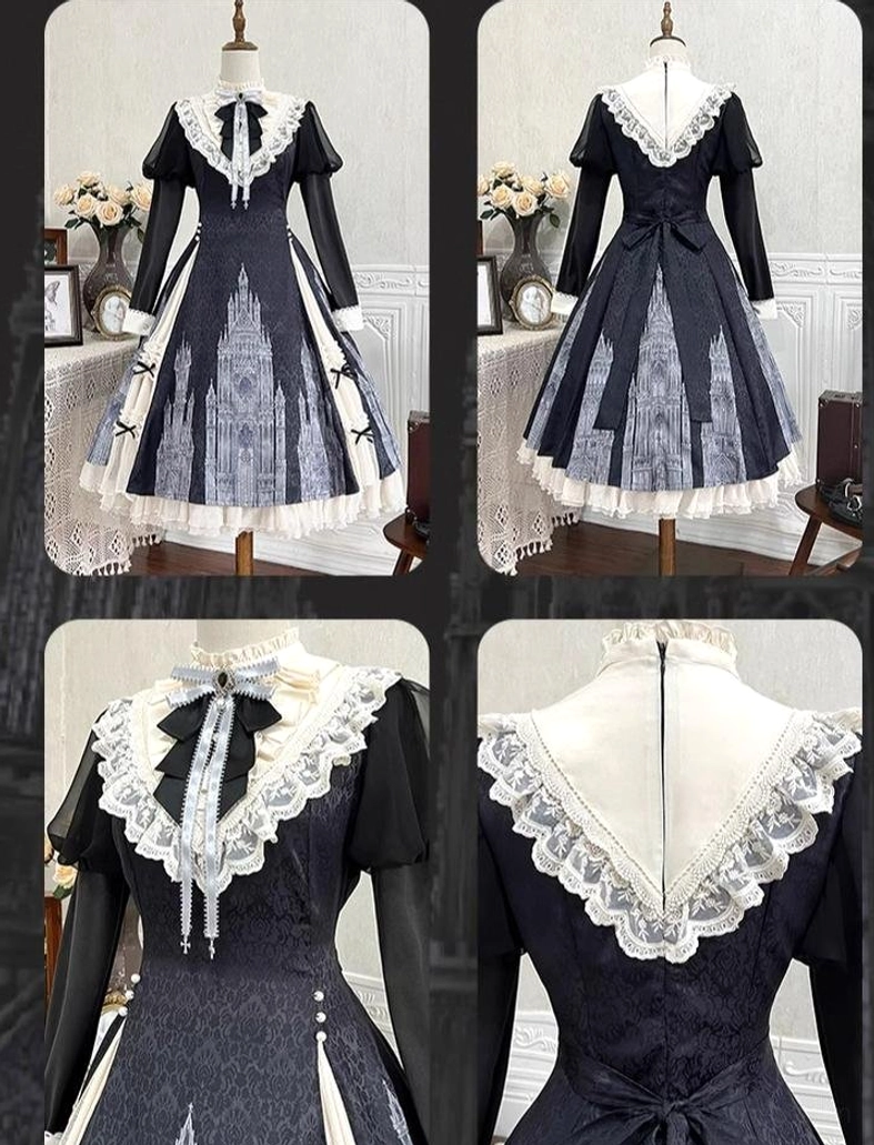 Church Bell gothic lolita OP dress detailed product specification card listing materials construction jacket features and shipping processing time information