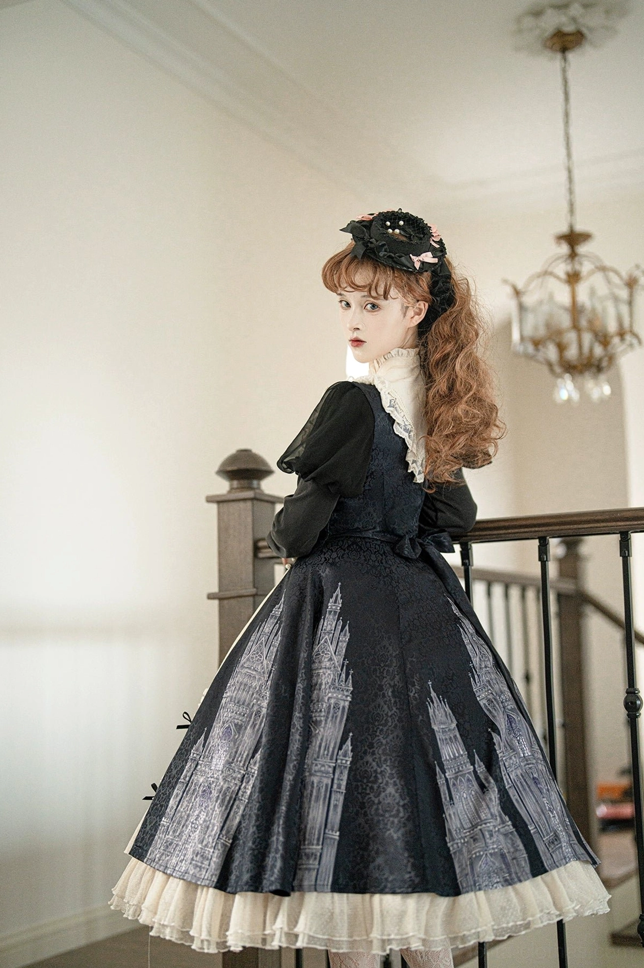 Church Bell gothic lolita OP dress sleeve and cuff detail showing black puffed sleeve construction with white ruffled cuff trim and sleeve opening measurement