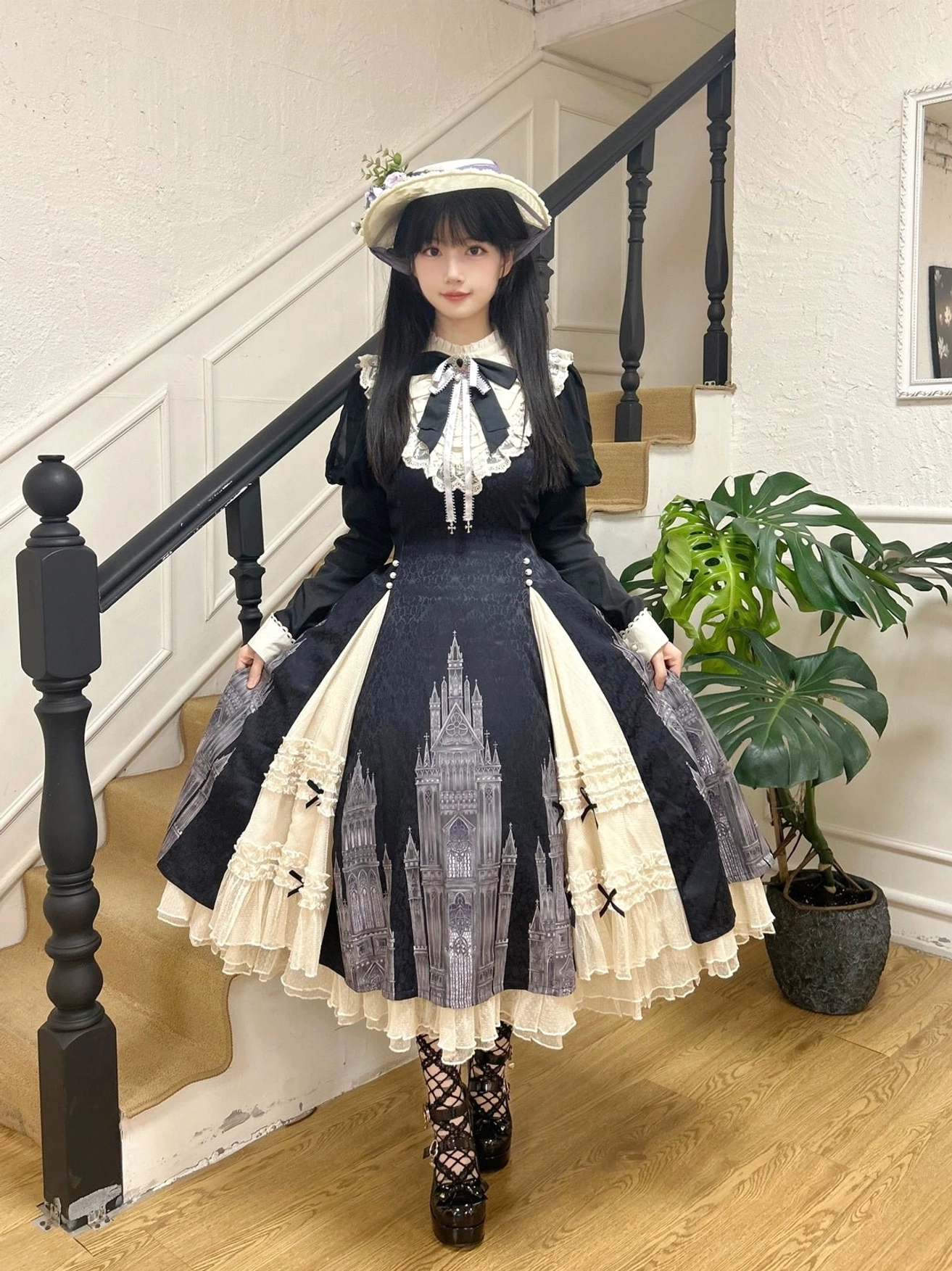 Church Bell gothic lolita OP dress size large variant on model displaying length and fit for larger frame, generous skirt volume and sleeve proportions