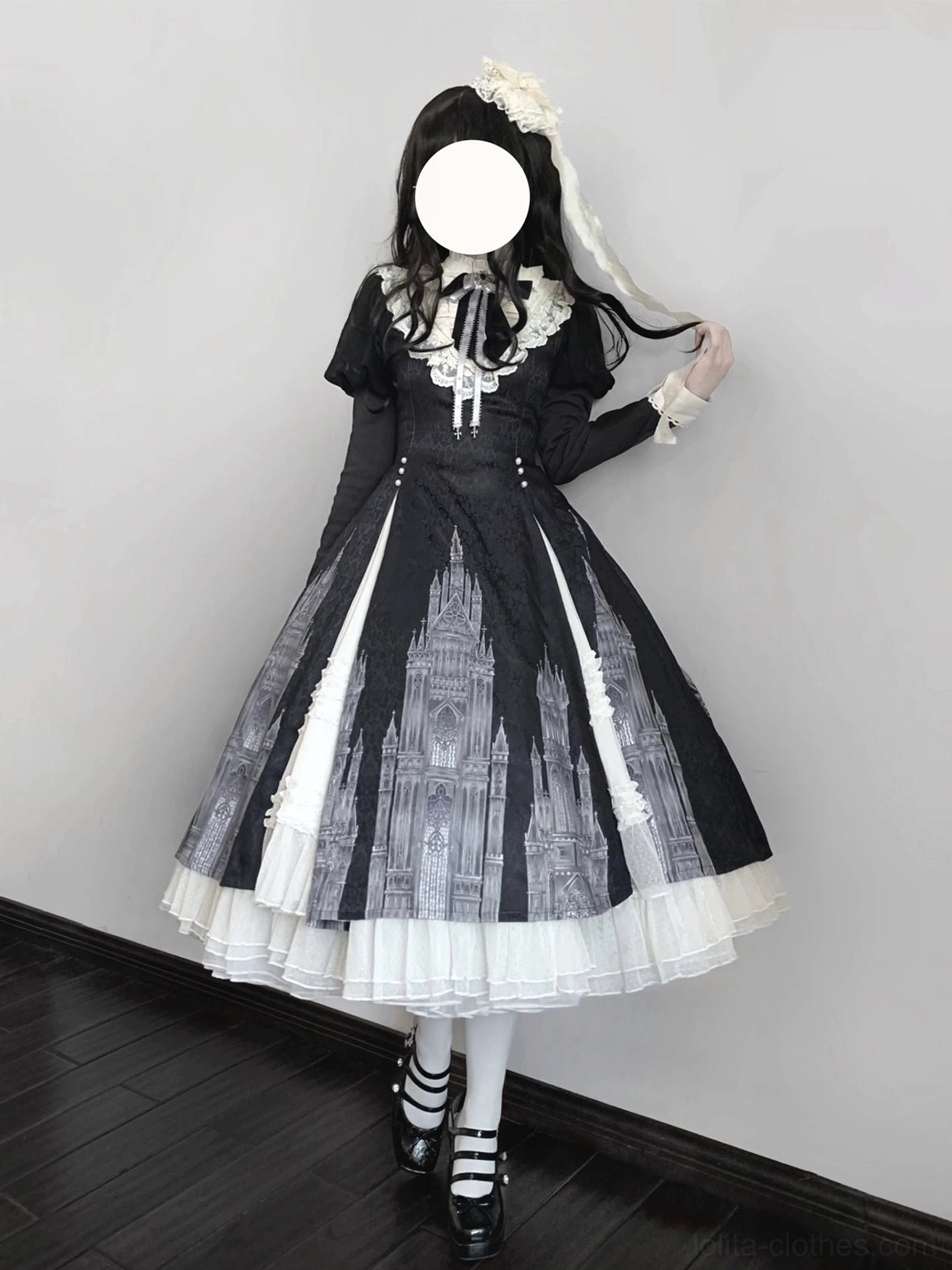 Church Bell gothic lolita OP dress size medium variant on model showing ideal waist fit, skirt volume, and sleeve length for medium size