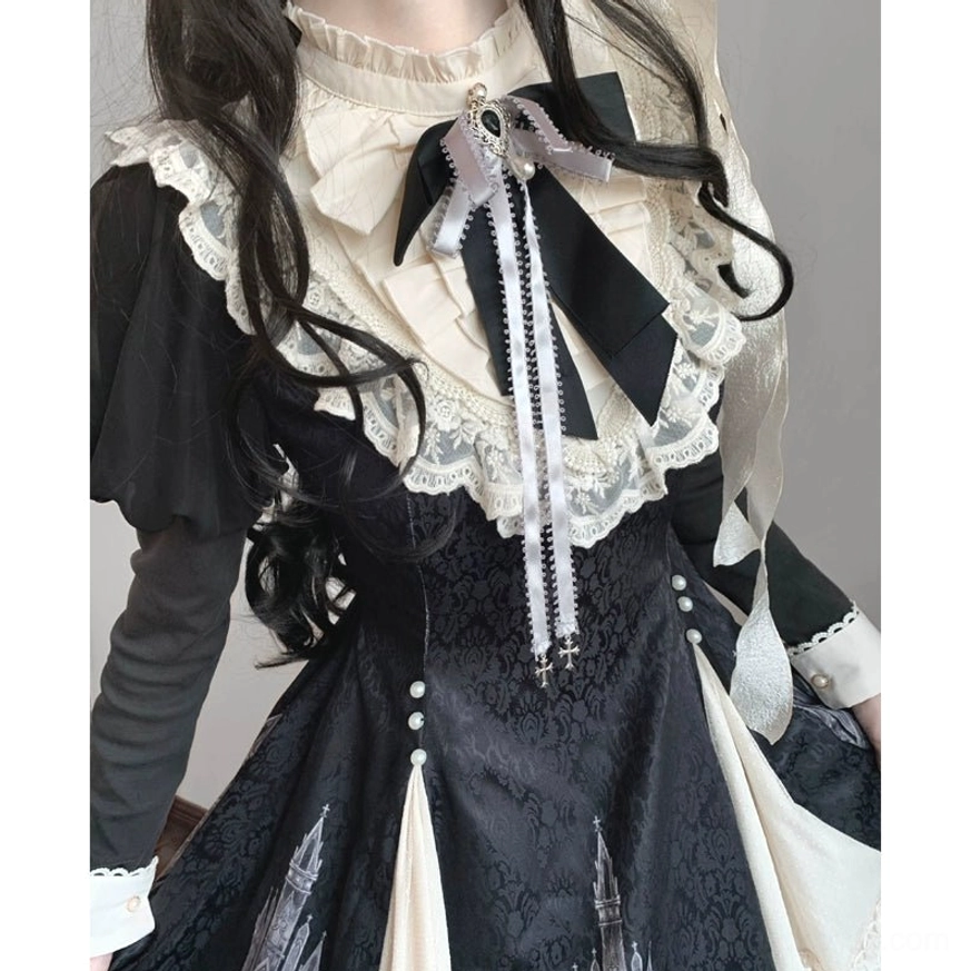 Church Bell gothic lolita OP dress size small variant on model demonstrating proper fit, length, and sleeve proportion for smallest size option