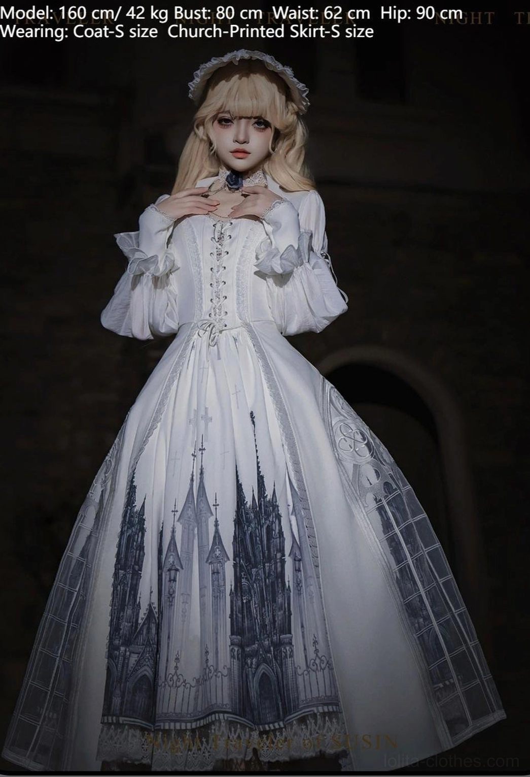 Church print gothic lolita skirt short version lace hem elastic waist architectural detail vintage aesthetic showcase
