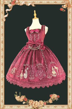 Cinderella Classic Lolita JSK dress front view wine red velvet gold fairy tale embroidery pumpkin carriage pearl adorned bow scalloped lace hem display mannequin