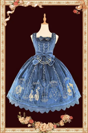 Cinderella Classic Lolita JSK jumper skirt navy blue velvet gold Cinderella embroidery front full view pearl trim bow scalloped lace hem