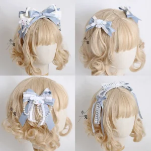 Cinnamoroll lolita headdress collection preview four wearing styles blonde curly wig mannequin blue white cute character charms accessories
