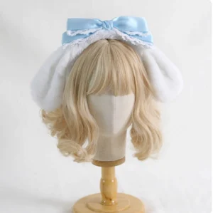 Light blue Cinnamoroll plush ear lolita headband with white satin bow and lace trim displayed on blonde curly wig mannequin sweet lolita hair accessory
