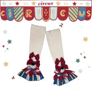 Circus fairy tale lolita red yellow blue bowknot hand sleeves flat lay close-up showing ruffled cuff details and large decorative bows
