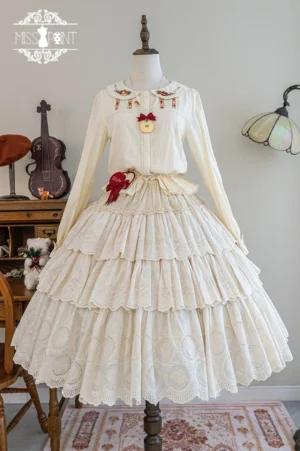 Classic beige Lolita two-piece coordinate set with doll collar embroidered apron tiered ruffle skirt