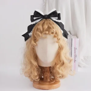 Classic black satin sweet lolita oversized bow hair accessory with white scalloped lace edging KC clip option frontal studio display