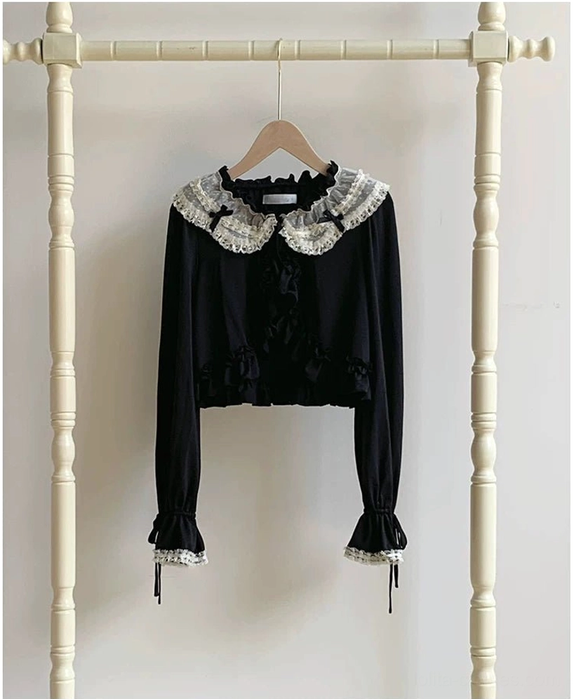 Classic black sweet lolita bolero cardigan flat product display large scalloped lace peter pan collar ruffled cuffs hanging bow tie details