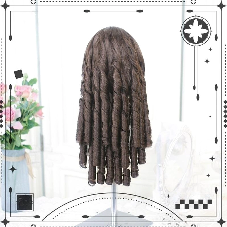 Full back view of classic brown Lolita roman roll wig displayed on standalone wig stand showing uniform tight spiral curls full length with neatly aligned curl ends