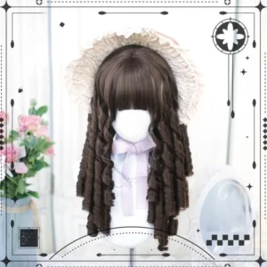 Classic brown Lolita wig with roman roll curls and straight blunt bangs displayed on mannequin head wearing ruffled lace bonnet and light purple bow tie accessory with floral background