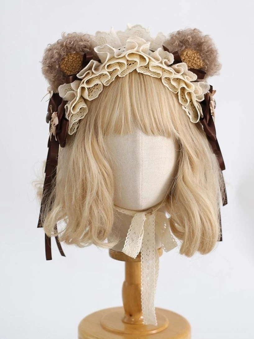 Classic lolita bear ear hair headdress with fluffy brown ears displayed on blonde mannequin showing layered cream ruffled lace dark brown satin trims and coordinating lace neck tie