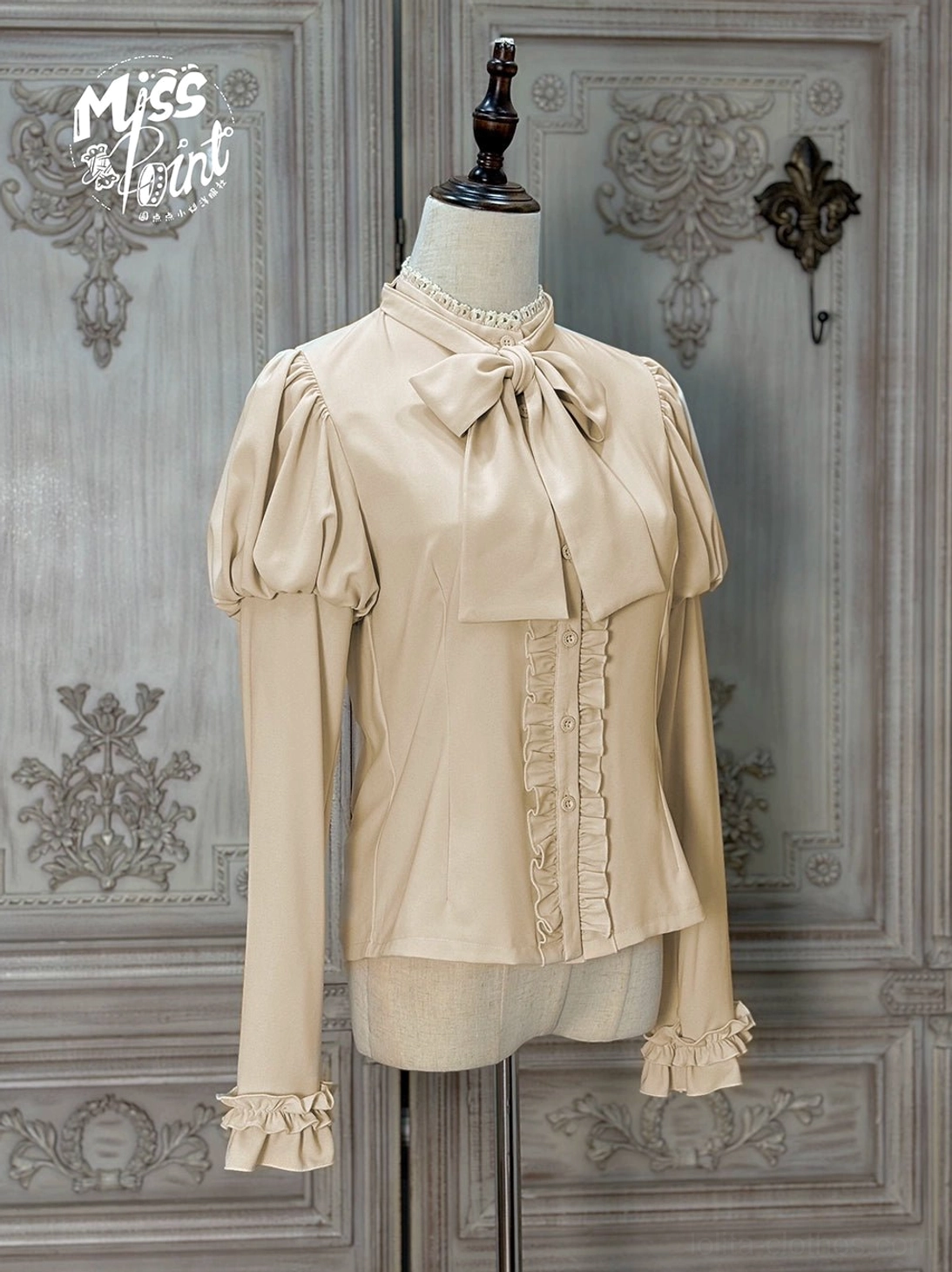 Classic Lolita blouse apricot beige retro style front full view lace-trimmed collar puff sleeves ruffled placket Victorian-inspired silhouette