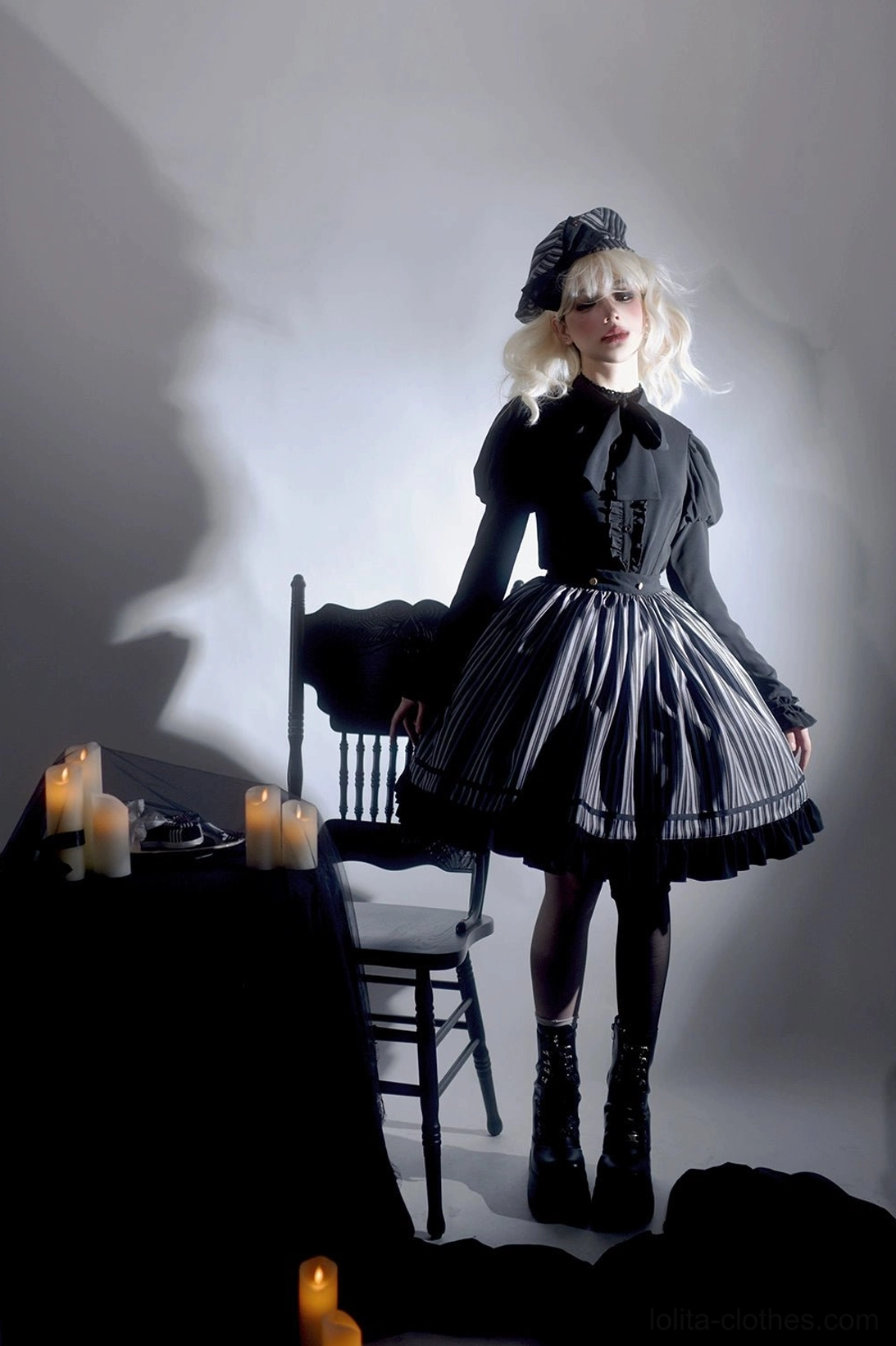 Classic Lolita blouse black color paired with coordinated bottom skirt petticoat understructure full coordinate