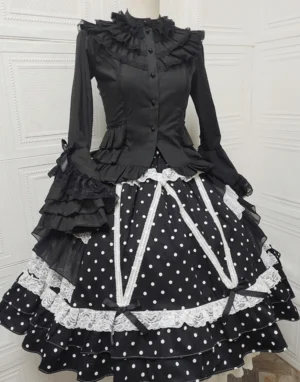 Black classic lolita blouse with ruffled stand collar and princess sleeves paired with black polka dot skirt featuring white lace trims and ribbon bows front view
