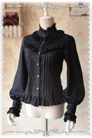 Black Classic Lolita Blouse with Lace-Adorned Stand Collar and Pin Tucks Front Three-Quarter View on Vintage Backdrop