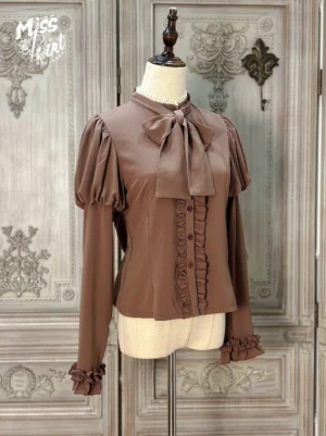 Classic Lolita blouse dark brown coffee tone side-front view fitted waist silhouette bow tie collar ruffled front decoration vintage elegance