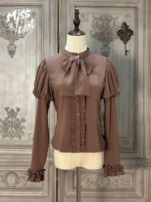 Classic Lolita blouse chocolate brown color front full view scalloped collar detachable bow tie Juliet puff sleeves ruffled cuffs button-up front