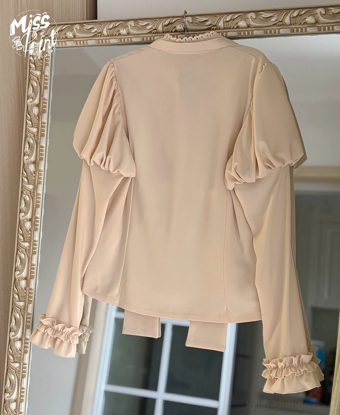 Classic Lolita blouse back view light tan color puff sleeves ruffled cuffs no front decorations rear silhouette vintage style